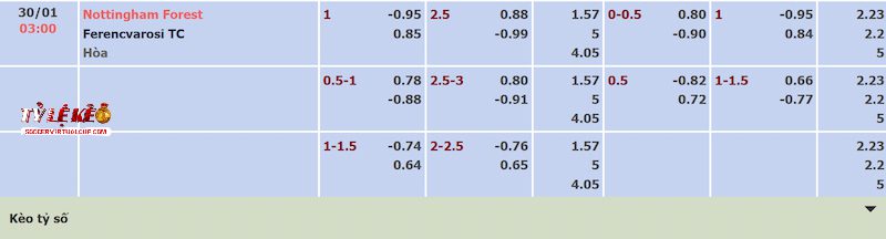 Tỷ lệ kèo trận Nottingham Forest vs Ferencvaros Tỷ lệ kèo trận Nottingham Forest vs Ferencvaros